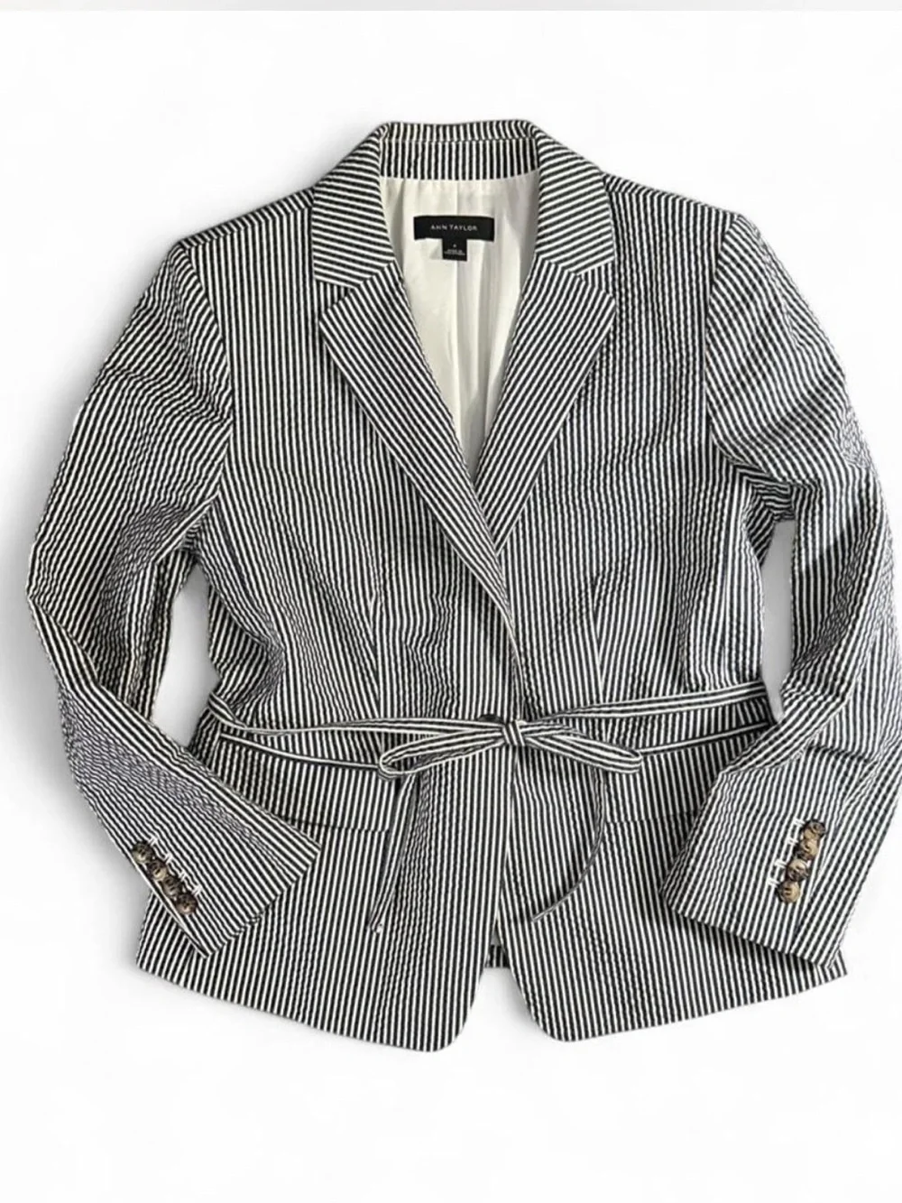 Ann Taylor Devin Fit Navy & White Seersucker Suit Set - Blazer Sz 4 + Pants Sz 6